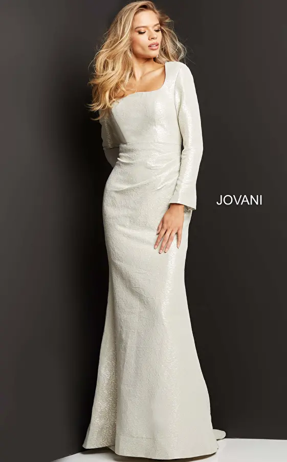 Jovani 06996 Oyster Metallic Long Sleeve Evening Gown